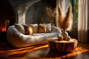 Salon Japandi ensoleill&eacute; : canap&eacute; en lin beige, table en travertin, vase et herbe de la pampa. Murs en b&eacute;ton brut, parquet en ch&ecirc;ne et lumi&egrave;re douce filtrant &agrave; travers les rideaux