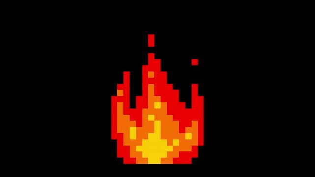 Pixel  fire animation. Pixelated  flame in retro style for 8 bit arcade game. 4K animated footage with transparent background