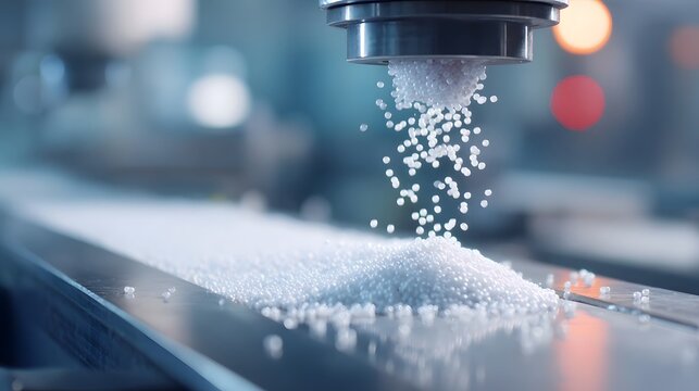 Automated industrial process showing precise dispensing of white granular plastic pellets onto a production line for manufacturing