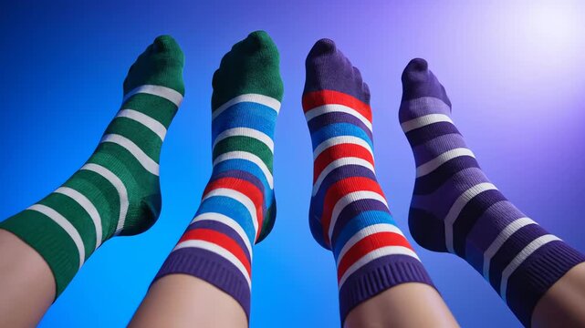 A vibrant low angle shot captures four legs playfully raised, highlighting the colorful striped socks against the moody blue and purple studio background.