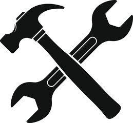 Crossed hammer and wrench black silhouette icon isolated on white background for construction repair maintenance service hardware tools and industrial home improvement design.