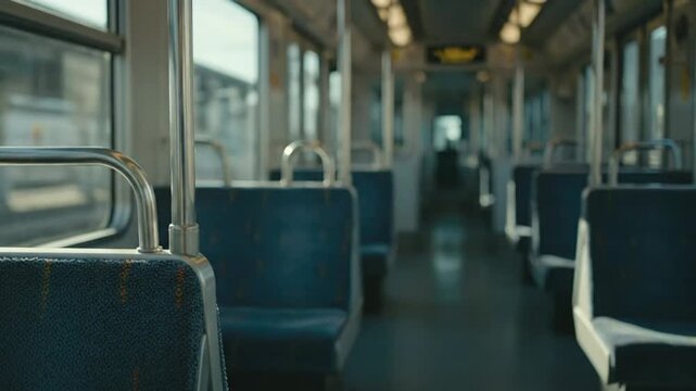 Empty public transit train car interior with rows of blue seats and window views on a sunny day