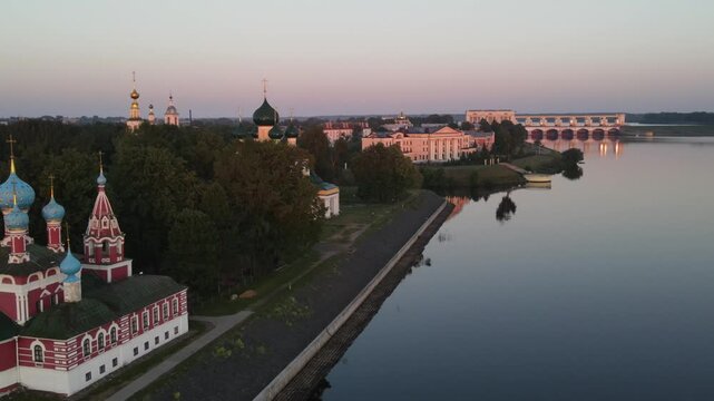 Dawn Aerial Panorama of Uglich Kremlin, Golden Ring of Russia