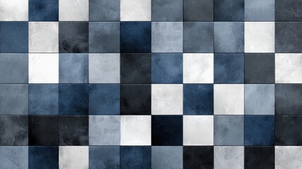 Fototapeta premium A checkered pattern of squares in shades of blue, gray, and white.