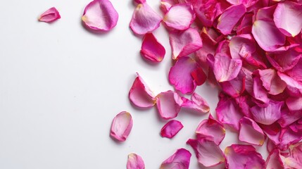 Fototapeta premium Pink rose petals scattered on a white surface.