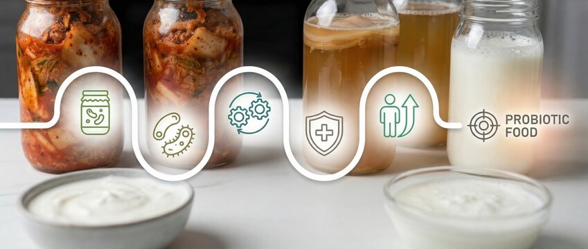 Probiotic food, Fermented foods, Gut health, Kimchi, Kombucha, Kefir, Yogurt with infographic icons representing digestion, immunity, and microbiome benefits for a healthy diet.