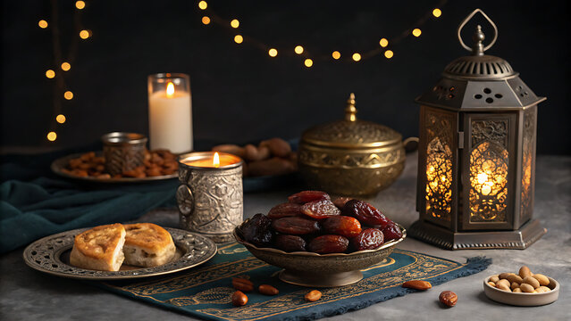 Ramadan Iftar Setup: Dates, Lantern, Candlelight, and Festive Decor on Dark Background