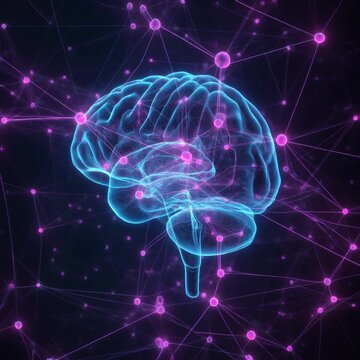 Brain Activity Mapping and Neural Pathway Visualization. Holographic Data Visualizations & Infographic Panels. A 3D holographic visualization of brain activity mapping.
