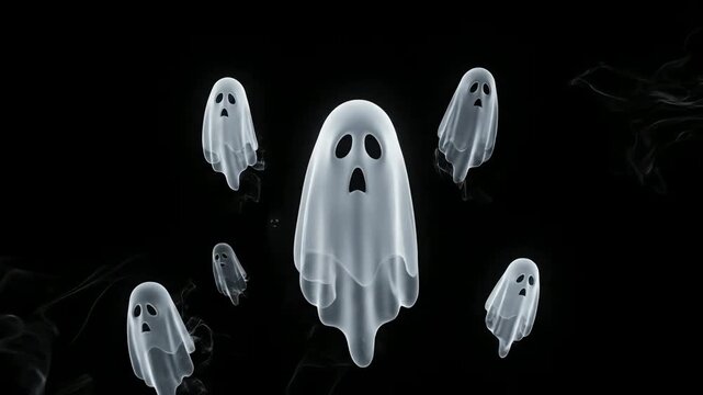 A haunting group of seven translucent apparitions are floating eerily in this high-contrast 3d rendering against the deep black void.