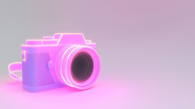 A pink camera with a strap and lens is shown against a gradient background.