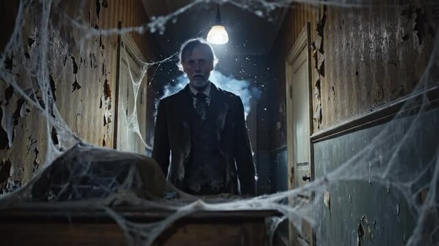 Spooky cinematic scene of a mysterious old man standing in a haunted corridor with cobwebs and peeling wallpaper