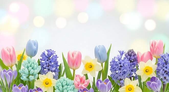 Spring flowers in full bloom, a vibrant garden bursting with colorful tulips, daffodils, hyacinths, and crocuses, signaling the arrival of springtime celebrations
