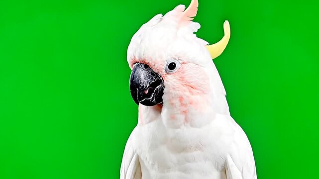 Close-Up Portrait of White Cockatoo with Yellow Crest on Green Background. Beautiful close-up portrait of a stunning white cockatoo (umbrella cockatoo) with raised bright yellow crest