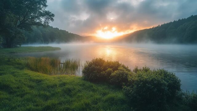A tranquil scene of a lake at sunset, with clouds adding depth and trees lining the shore.
