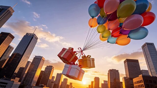 Colorful balloons and gift boxes floating between city buildings at sunset