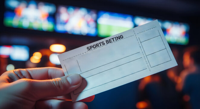 Male hand holding a sports betting slip in a dark room with blurred TV screens glowing in the background. A sports enthusiast engaged in gambling.