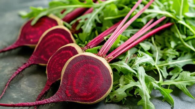 Vibrant red and green beetroot bunches ready for cooking