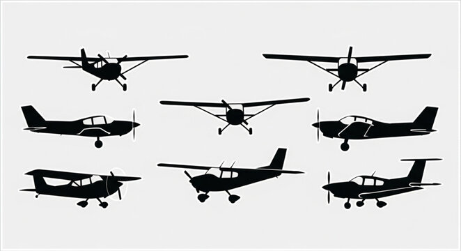 Collection of small airplane silhouettes in various flying positions.