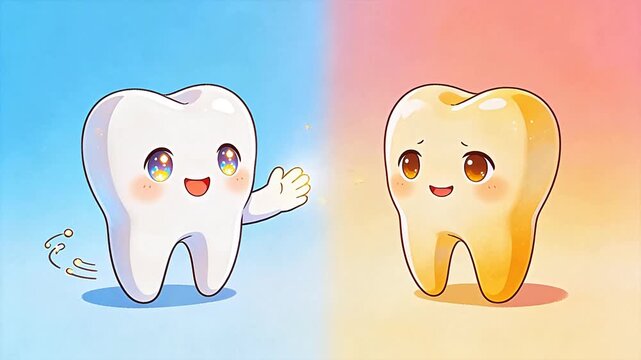 Personified healthy white tooth and decayed yellow tooth comparison