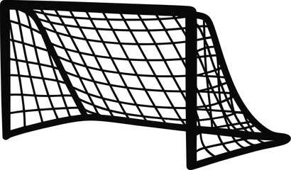 Black silhouette drawing of an empty soccer goal net stands ready for a sporting competition on a white surface.