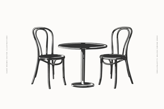Vintage bistro table with two classic bentwood chairs. Hand-drawn black and white vector illustration. Caf&eacute; furniture sketch for design and print