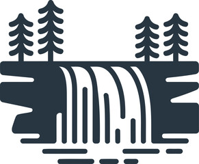 Iconic dark silhouette graphic represents a wide waterfall cascading over a layered cliff into water below.
