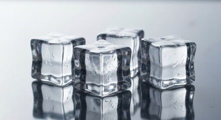 Four clear ice cubes on a reflective surface