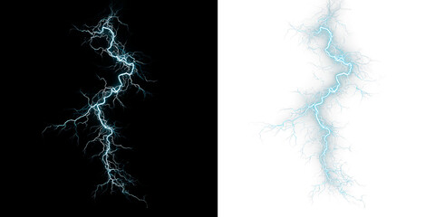 Lightning, electric thunderbolt strike of blue color during night storm,PNG Overlay 