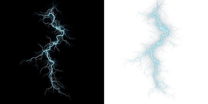Lightning, electric thunderbolt strike of blue color during night storm,PNG Overlay	