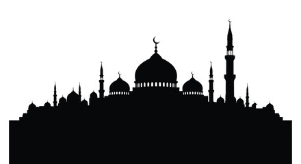 Islamic mosque silhouette with domes and minarets on white background © Idris Stock 