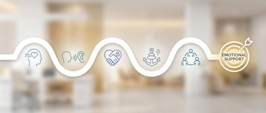 emotional support, mental health, counseling, empathy, wellness, therapy, psychology infographic showing professional steps for corporate wellness and employee assistance programs