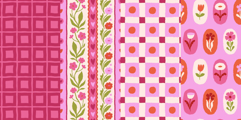 Vector set of seamless patterns, abstract hand-drawn quirky doodles,  love theme wallpapers, Valentine's day decorative wrapping paper and textile backgrounds with hearts and flowers