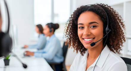 Naklejka premium Smiling young woman with headset working in a modern call center office environment