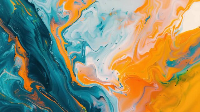 A painting with blue and orange swirls. The blue is on the left and the orange is on the right