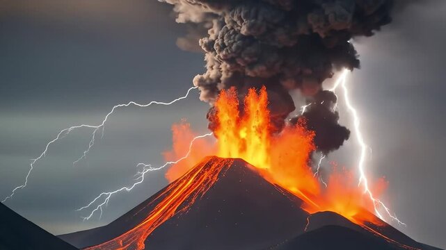 A powerful volcano erupting violently is captured in this dynamic, high-contrast shot, featuring fiery orange lava and dramatic lightning under a dark sky.
