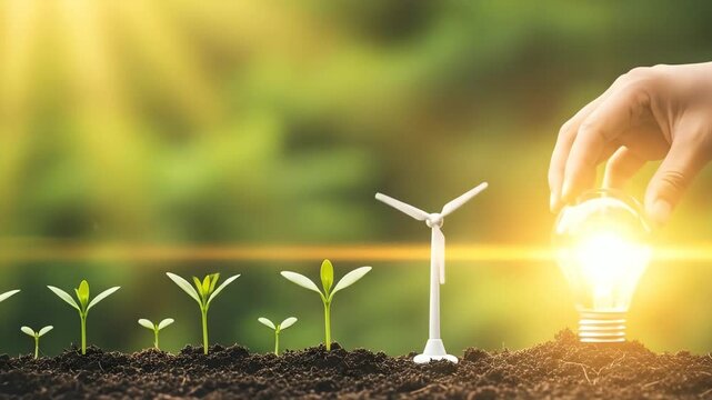 Conceptual photo of a hand placing a bright golden light bulb near green seedlings and a wind turbine in dark soil, representing sustainable energy growth.