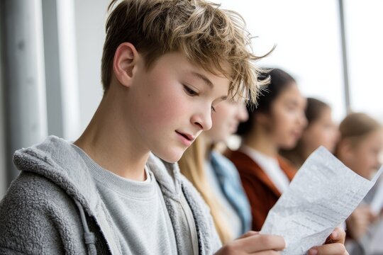 Focused teenage boy reading from a wrinkled paper script in a classroom setting representing drama education and rehearsal process