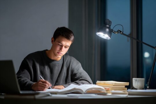 Teenage boy studying mathematics at a desk late at night under a lamp representing academic dedication focus and exam preparation in a home environment