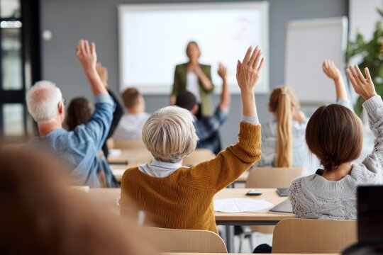 Diverse elderly students raising their hands to ask questions during a university lecture representing lifelong learning active retirement and inclusive adult education in a classroom setting