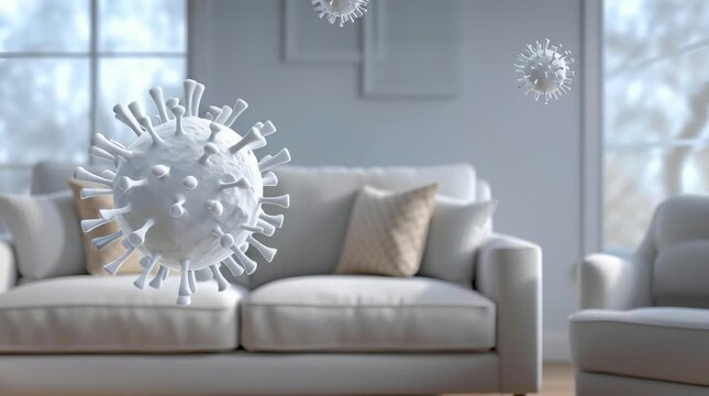 Viral particles floating in the air of a bright living room with a sofa and an armchair. The concept of indoor air quality, infections, seasonal diseases, and hygiene.	
