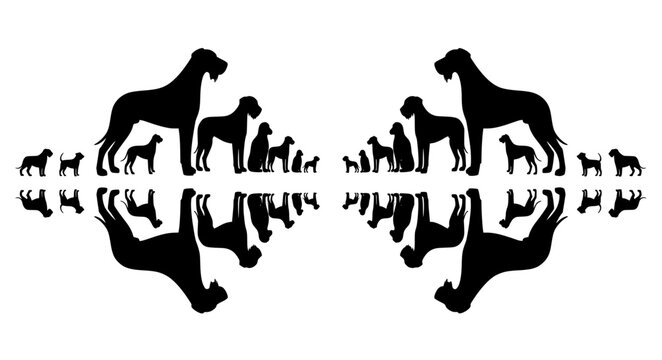 Symmetrical dog silhouette collection showing breed size variation balanced canine vector icons for animal design
