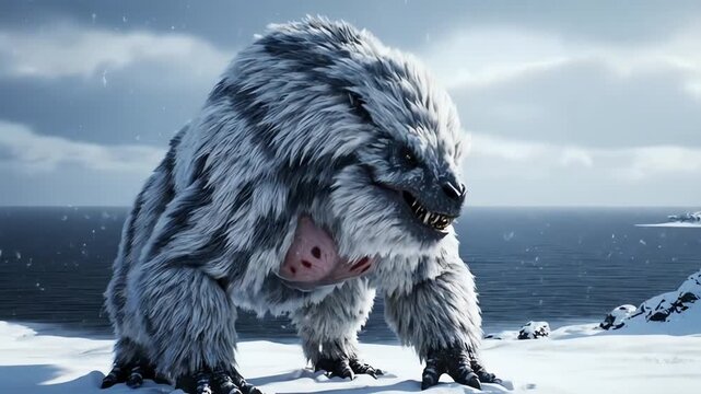 A fearsome, white-furred snow beast stands aggressively on the icy arctic tundra in this 3d rendering, emphasizing its sharp teeth and the cold blue mood.