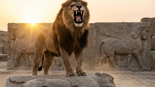 A powerful male lion with a thick dark mane roars loudly while standing on ancient stone ruins of biblical Babylon featuring winged bull carvings under a bright morning sunrise. Iran.