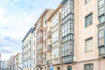 Obraz premium Traditional Glazed Balconies and Architecture in Logrono, Spain, Historic Buildings