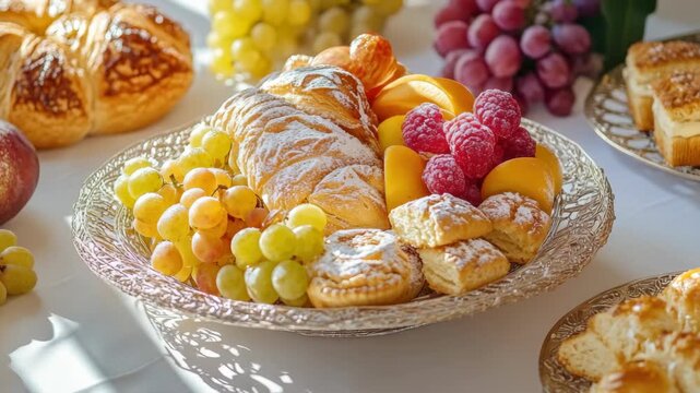 Fresh raspberries and grapes with light bread on a decorative plate