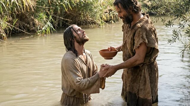 Biblical John the Baptist holds a wooden bowl while baptizing Jesus Christ in the river Jordan surrounded by reeds and greenery under a bright and clear daylight sky