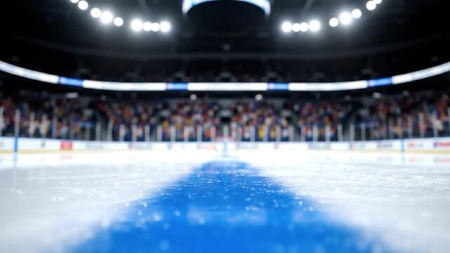 Ice hockey arena. Focus on the ice rink with blurry background of the audience, lights, and structure