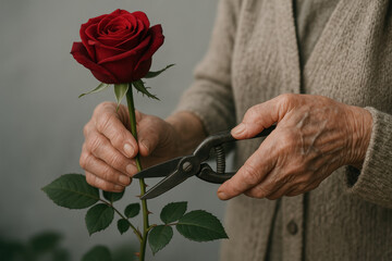 Rose pruning by hands with vintage scissors in cozy home gardening