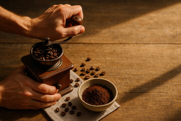 Coffee grinder hand grinding beans with ground coffee bowl rustic setting