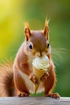 A close-up of a squirrel holding a vanilla ice cream cone in its paws and smiling happily in a blurred background, representing the concept of summer and joy.	